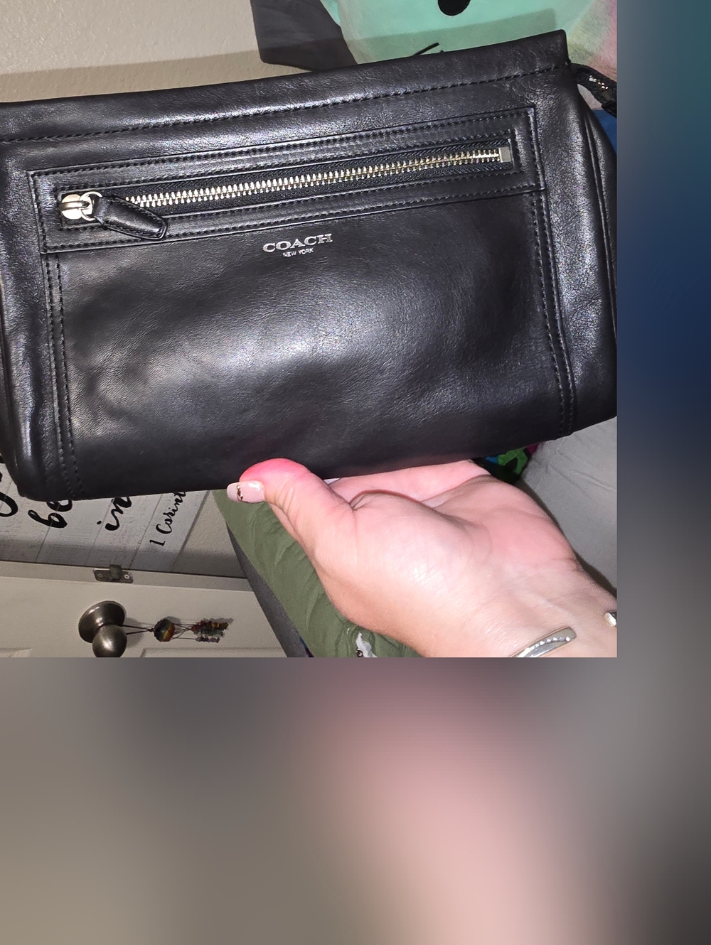 Coach Black Leather Wristlet with Silver Zip and Strap - Picture 2 of 8